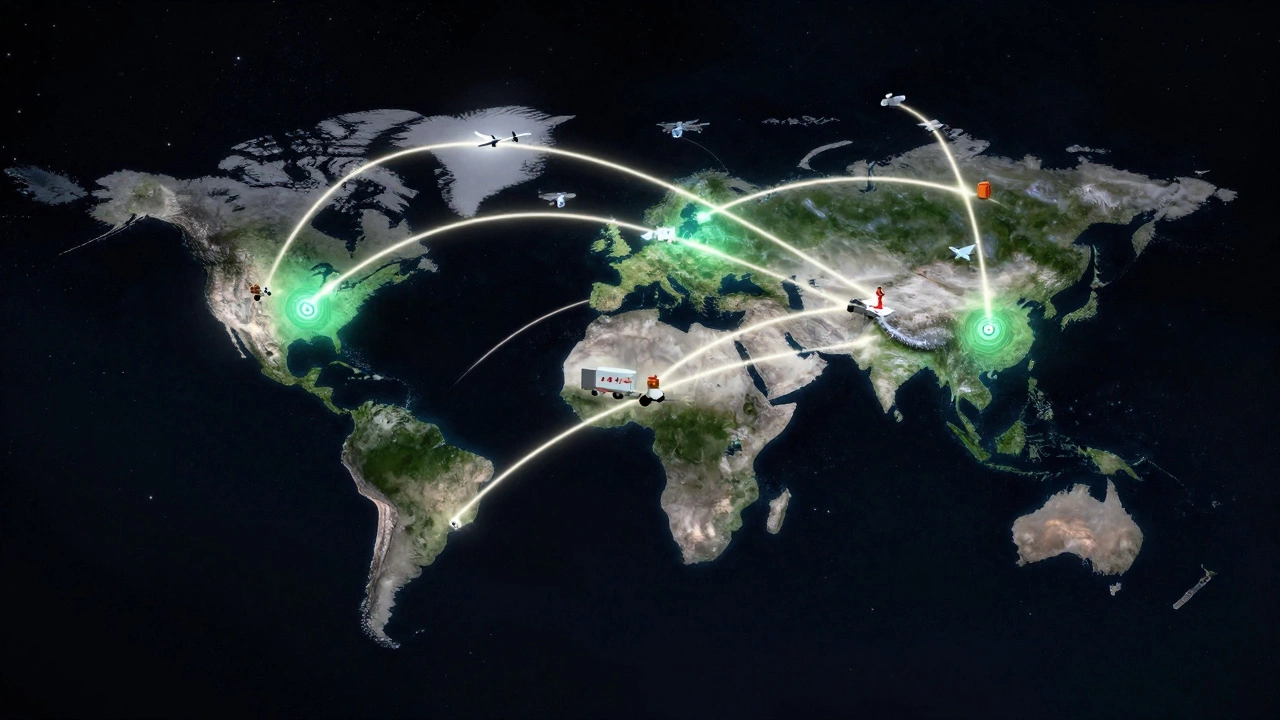 A global map of delivery routes glowing over Earth, showing planes, trucks, and drones connected by light trails.