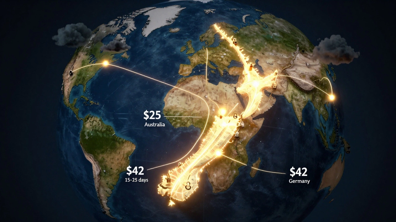 A globe with colored shipping routes from New Zealand showing costs and delivery times to different countries.