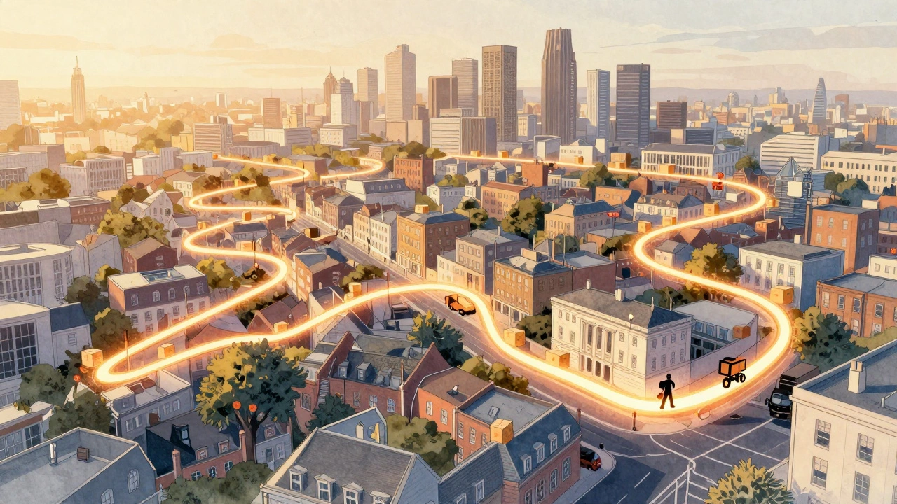 A glowing route map shows a courier&#039;s path through London neighborhoods at dusk.