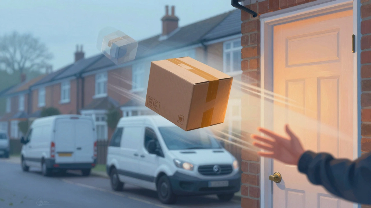 A package hovers above a home, surrounded by translucent images of its delivery journey.