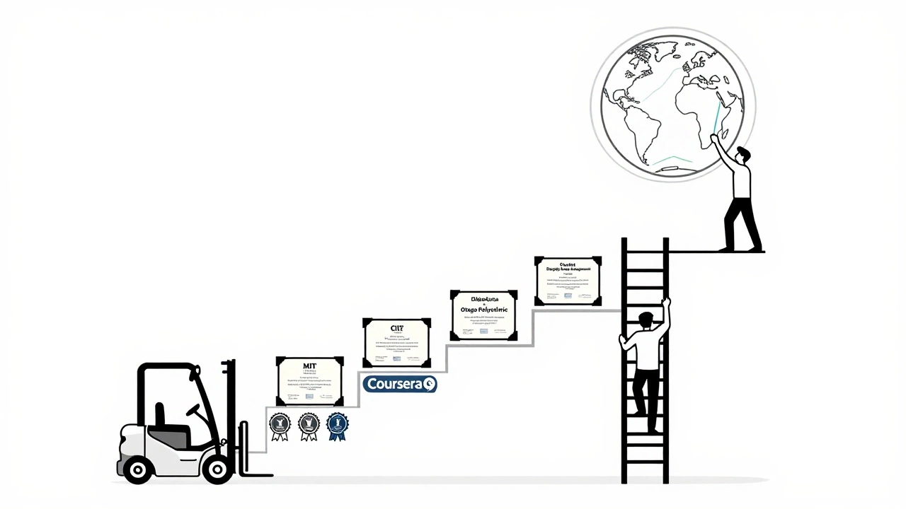 A person climbing a ladder of logistics credentials leading to a globe with shipping routes.