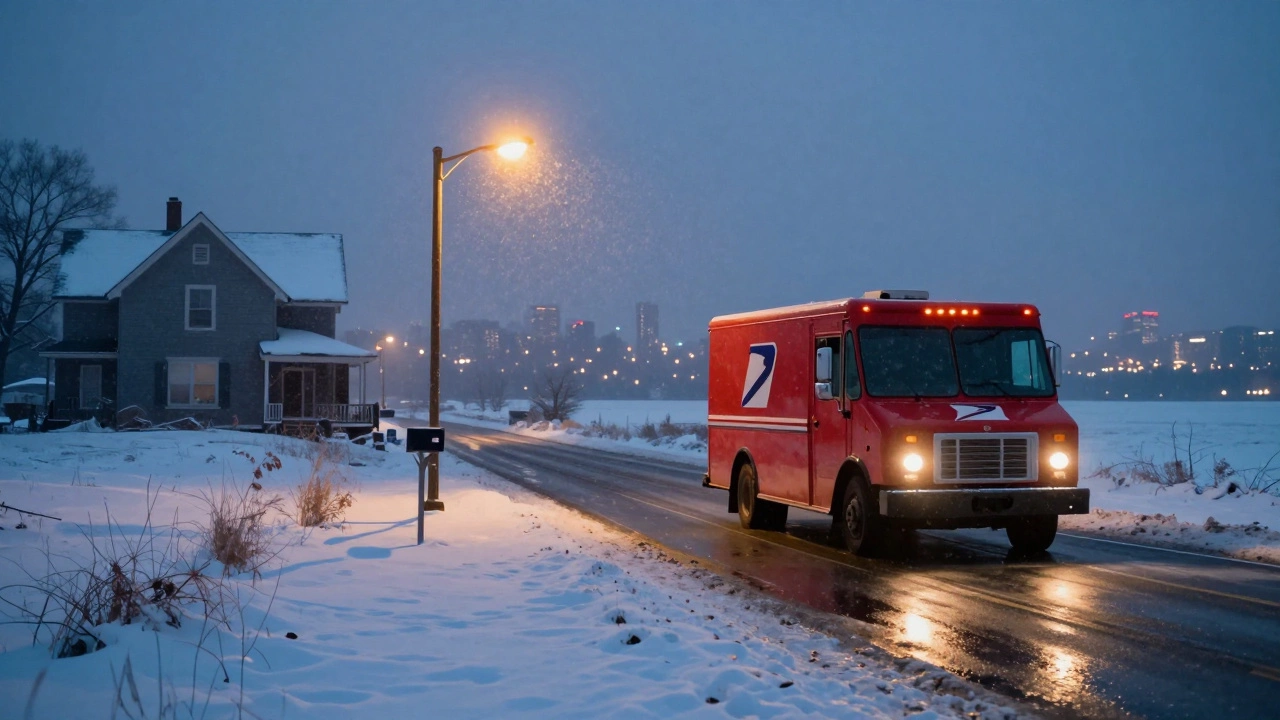 A red USPS truck delivering to a remote farmhouse at dusk under snowfall.