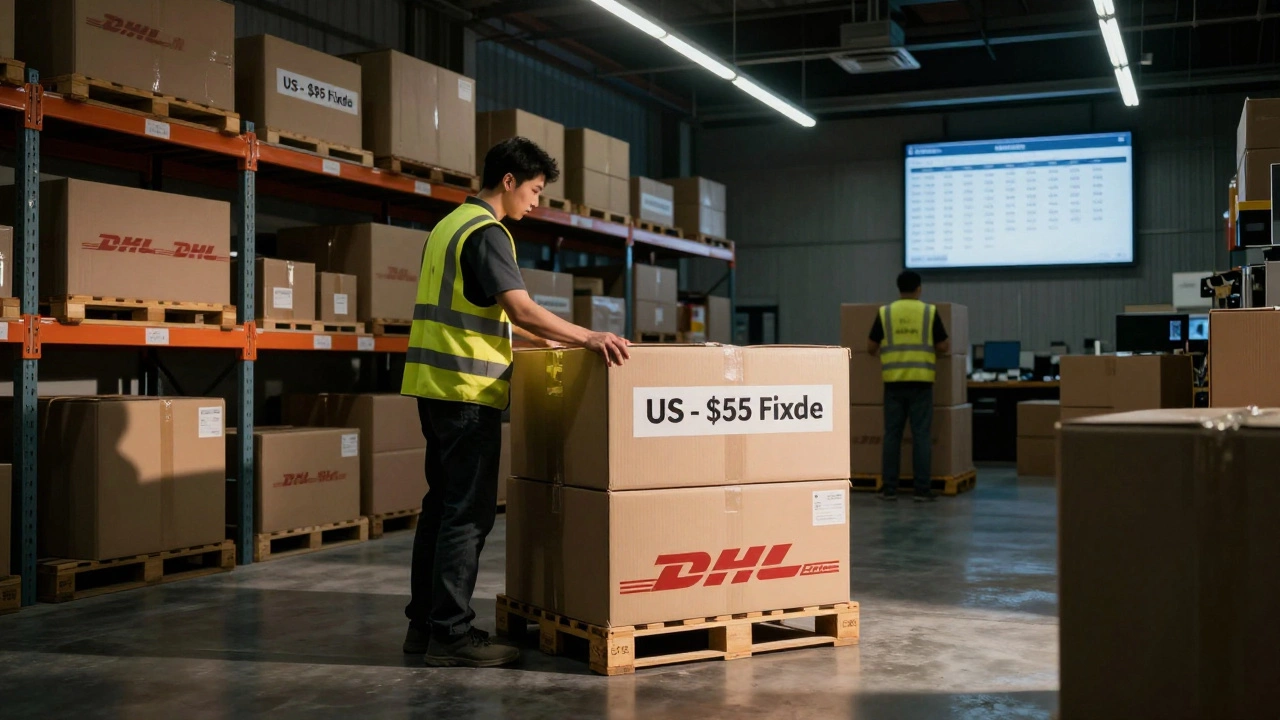 A warehouse worker sealing a flat-rate international shipping box among stacked parcels.