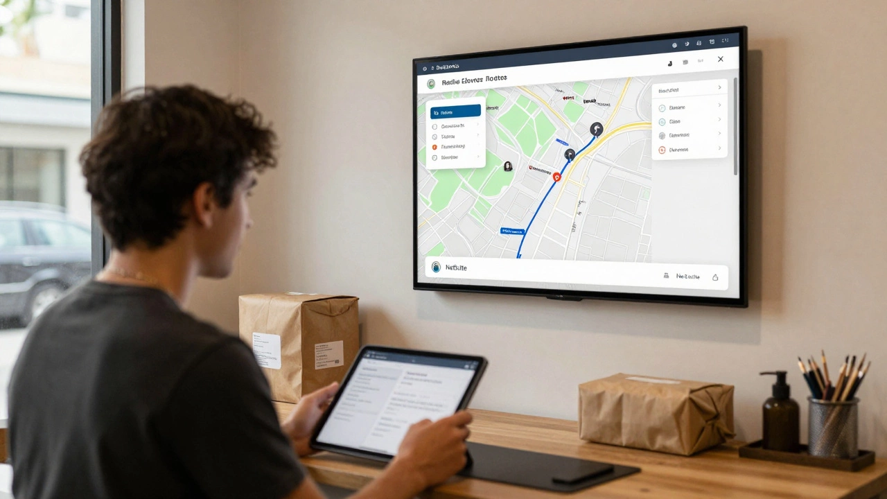 A worker scanning a coffee package with a tablet, digital delivery map glowing on the wall.