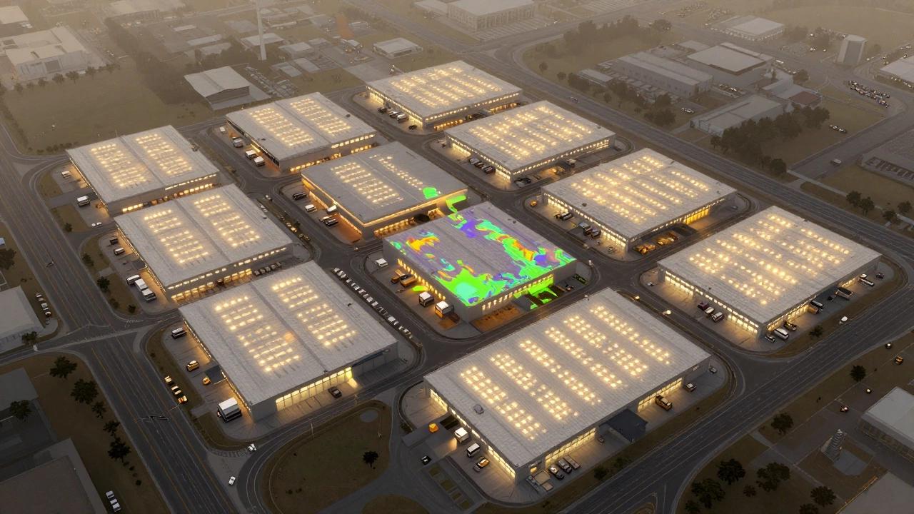 Aerial view of multiple Amazon fulfillment centers clustered around a city with highways connecting them.