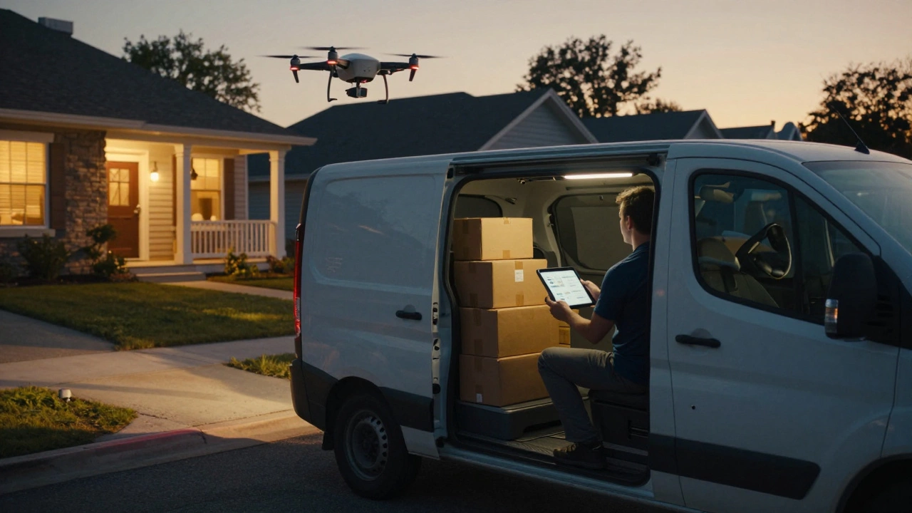 An electric delivery van on a suburban street at dusk, with a drone lowering a package to a porch.