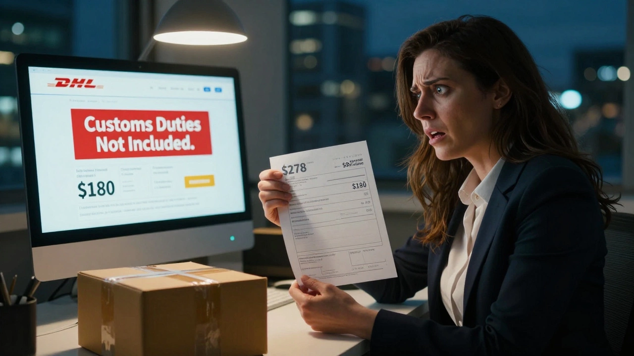 Business owner holding shipping invoice with 8 total, drone on desk, screen showing hidden customs fees.