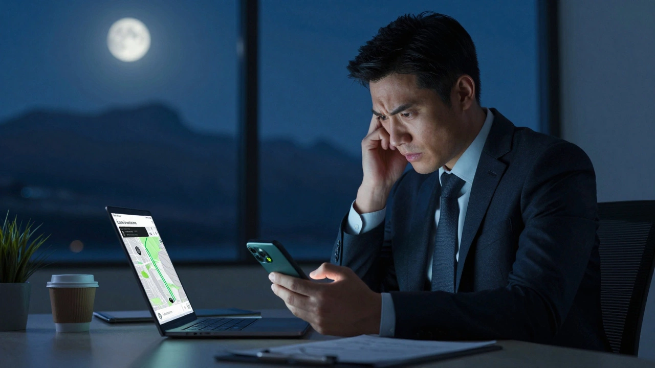 Businessperson tracking package delivery on smartphone at night