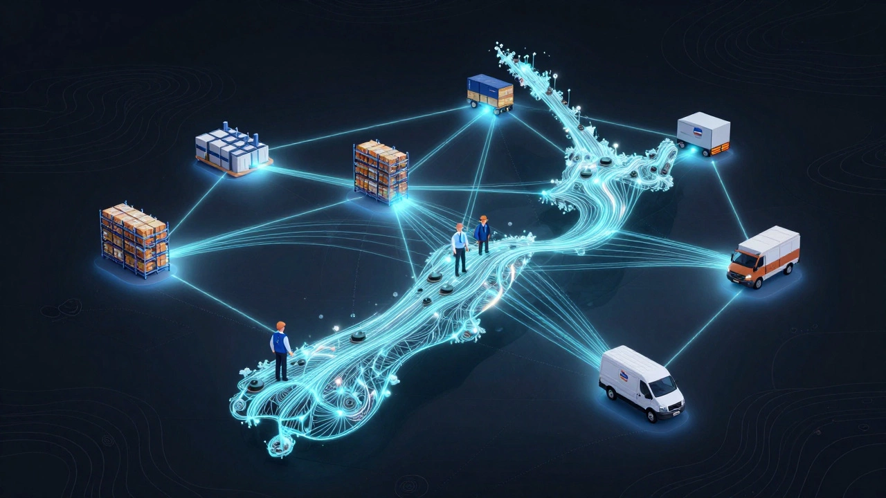 Conceptual network of logistics roles connected by glowing data streams across a landscape.
