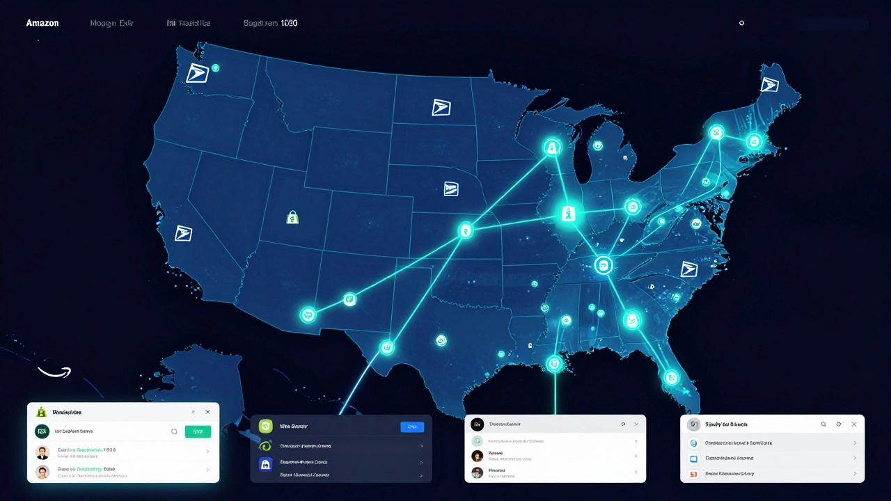 Digital map showing USPS delivery network connected to e-commerce platforms across the U.S.