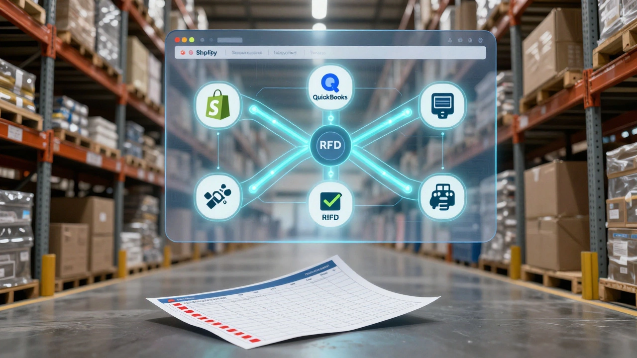 Digital WMS dashboard connected to e-commerce and inventory systems, with a discarded spreadsheet below.