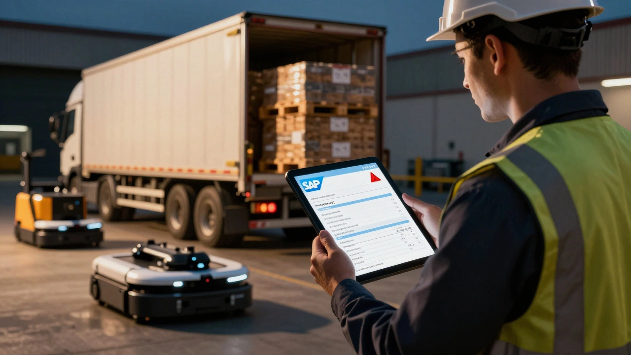 Dock worker checks delivery against a tablet showing SAP&#039;s real-time inventory alert, with automated vehicles nearby.
