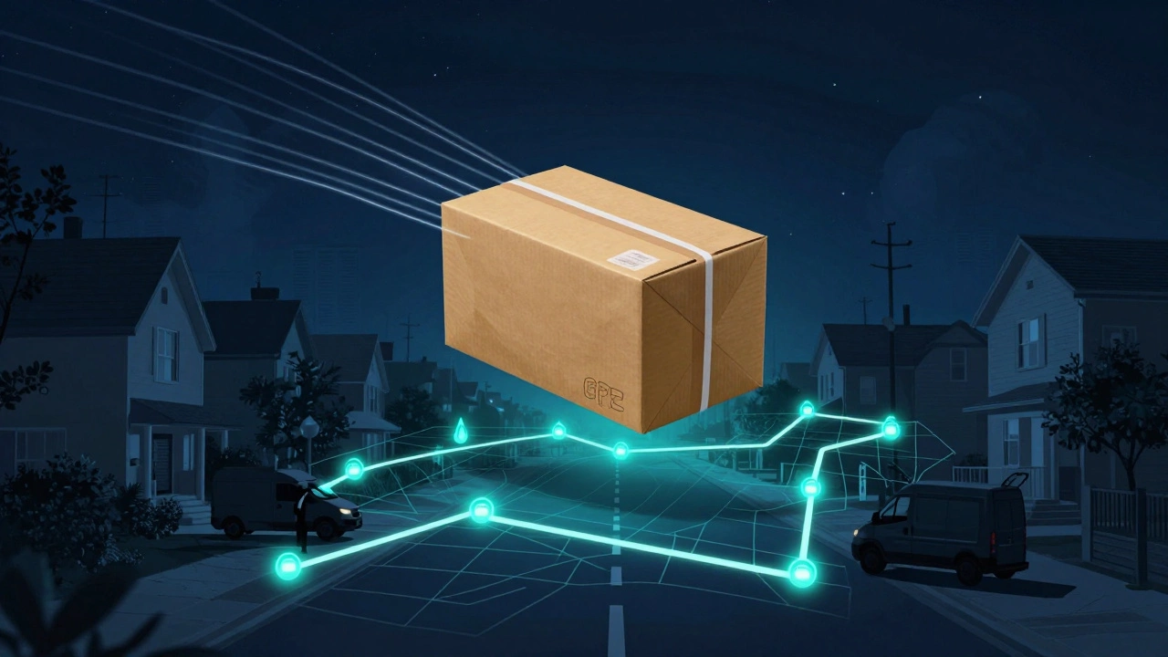 Floating parcel with digital tracking lines above a suburban street at night.