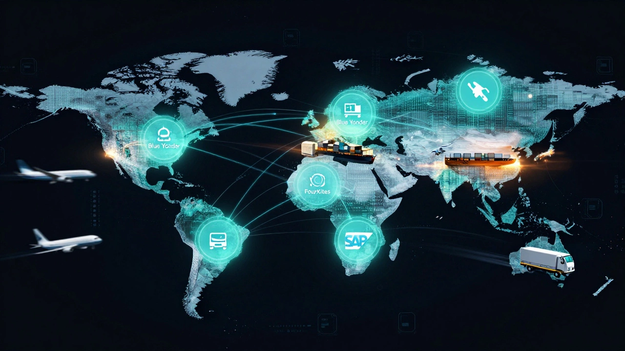 Glowing global supply chain network connecting ships, planes, and trucks with software icons.