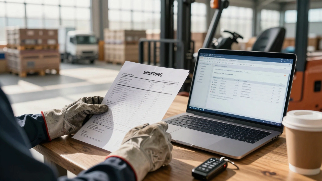 Hands holding a shipping manifest beside a laptop showing logistics software and a forklift key.