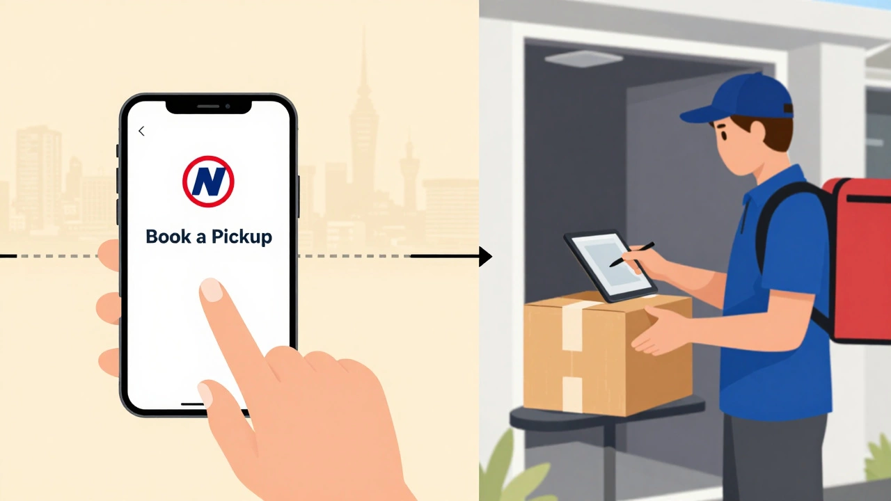 Person booking a courier pickup on a smartphone app while a driver scans a parcel outside.