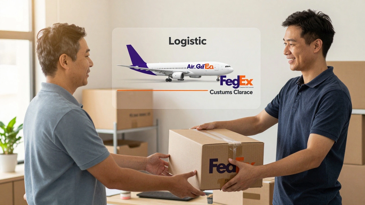 Small business owner handing a package to FedEx driver with transparent supply chain journey overlay.
