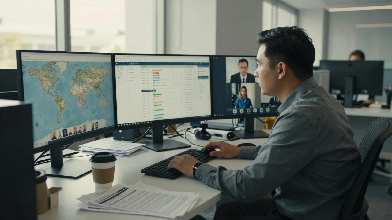 Supply chain coordinator managing global shipments across multiple screens in a modern office.