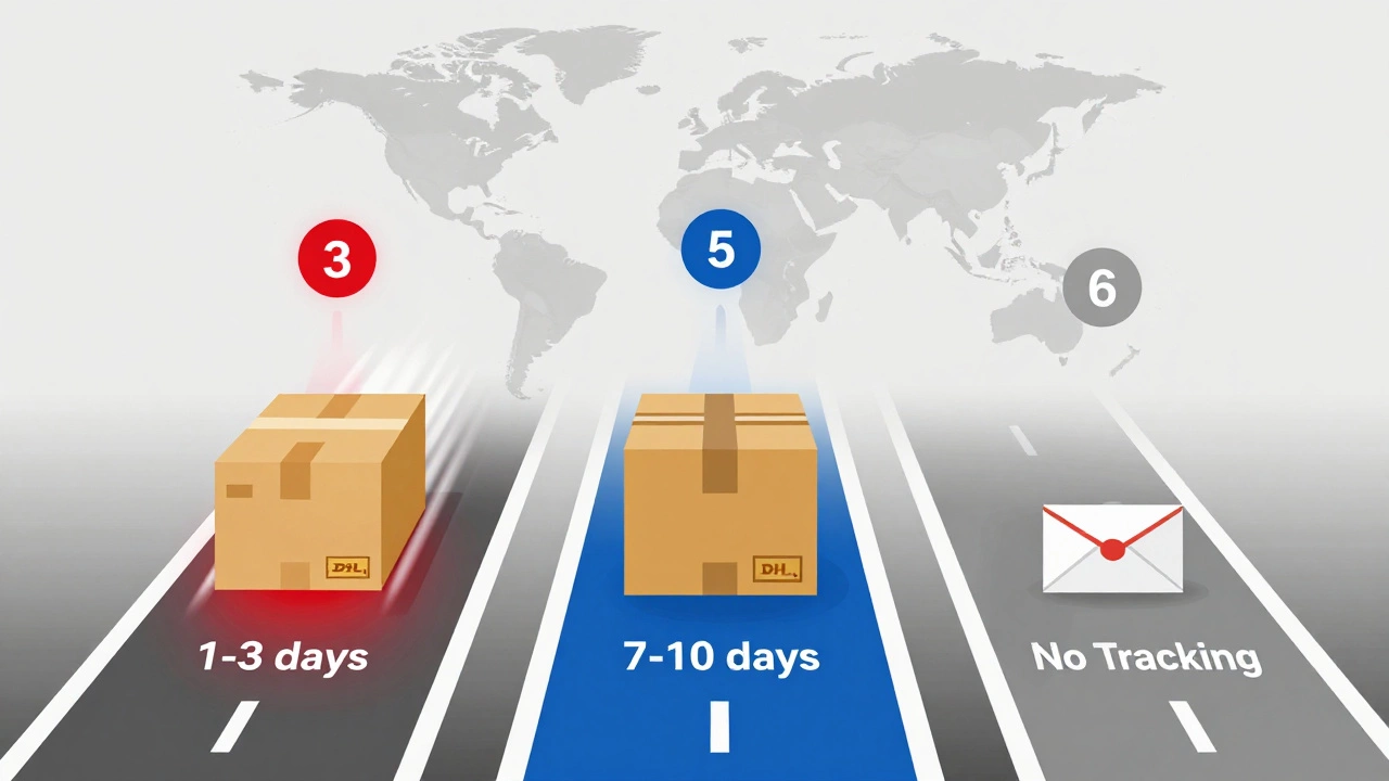 Three shipping service lanes: Express, eCommerce, and Packet, with global map and cost indicators.