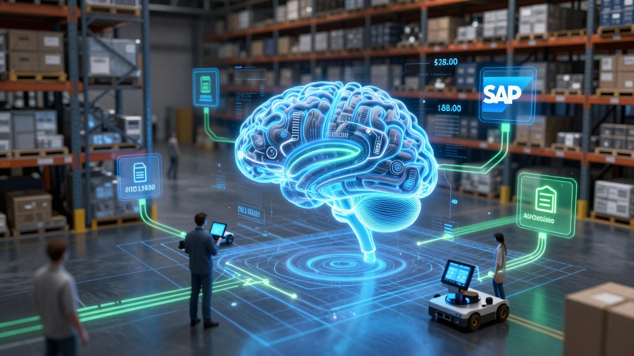 Transparent digital grid overlaying a warehouse, showing data streams connecting scans, AGVs, and a central SAP interface.