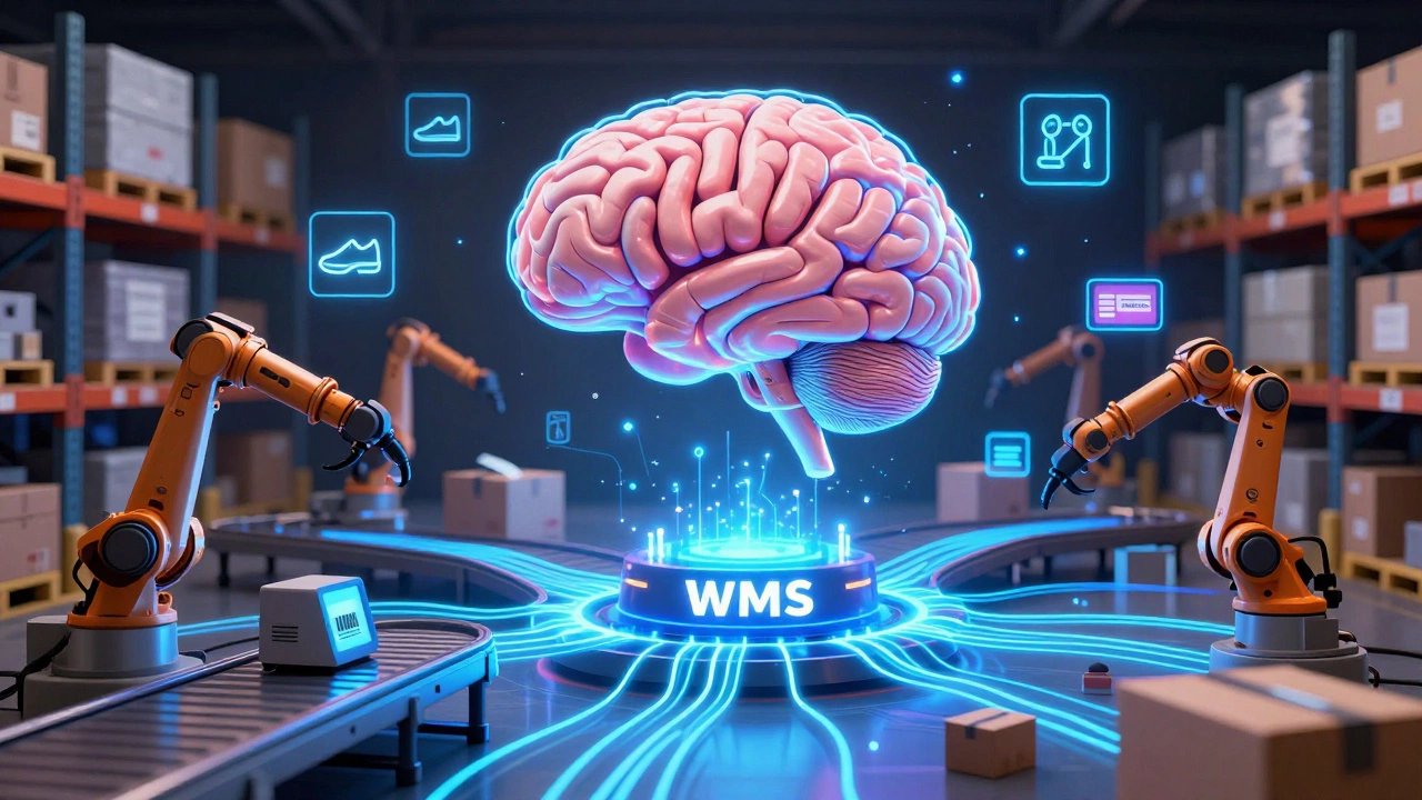 Warehouse depicted as a brain with data streams connecting logistics systems in a surreal digital style.