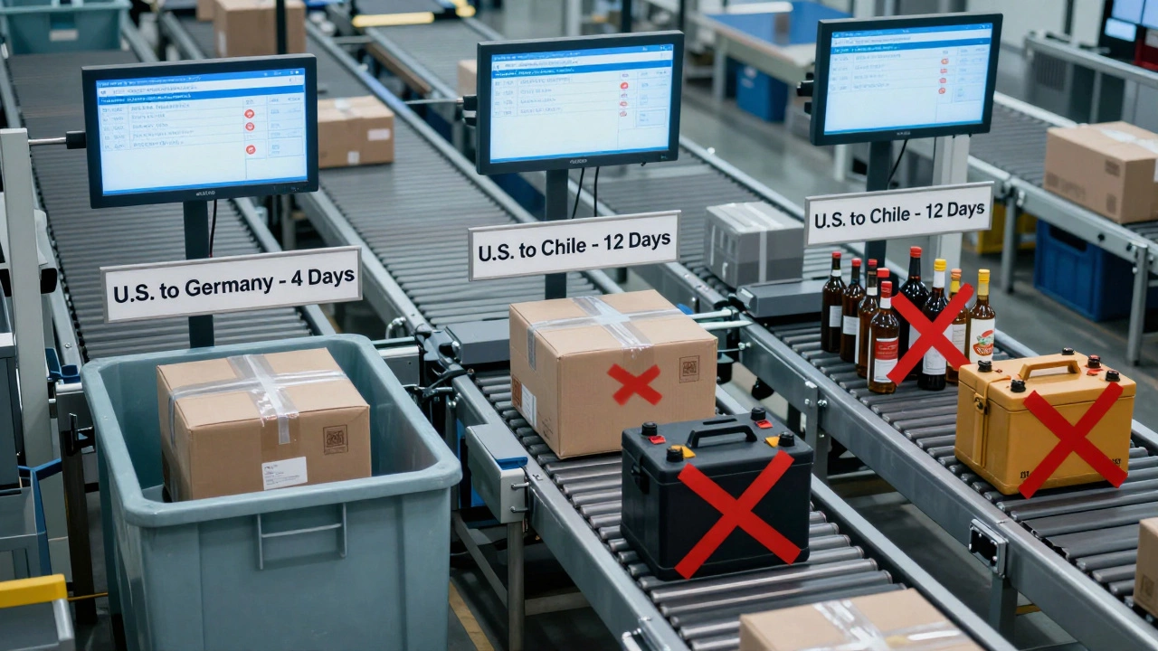 Warehouse sorting international Amazon packages, with flagged items like batteries and alcohol blocked from shipment.