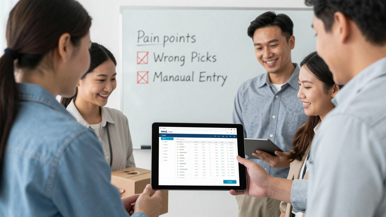 Warehouse team testing a WMS interface on a tablet, smiling as inventory updates in real time.