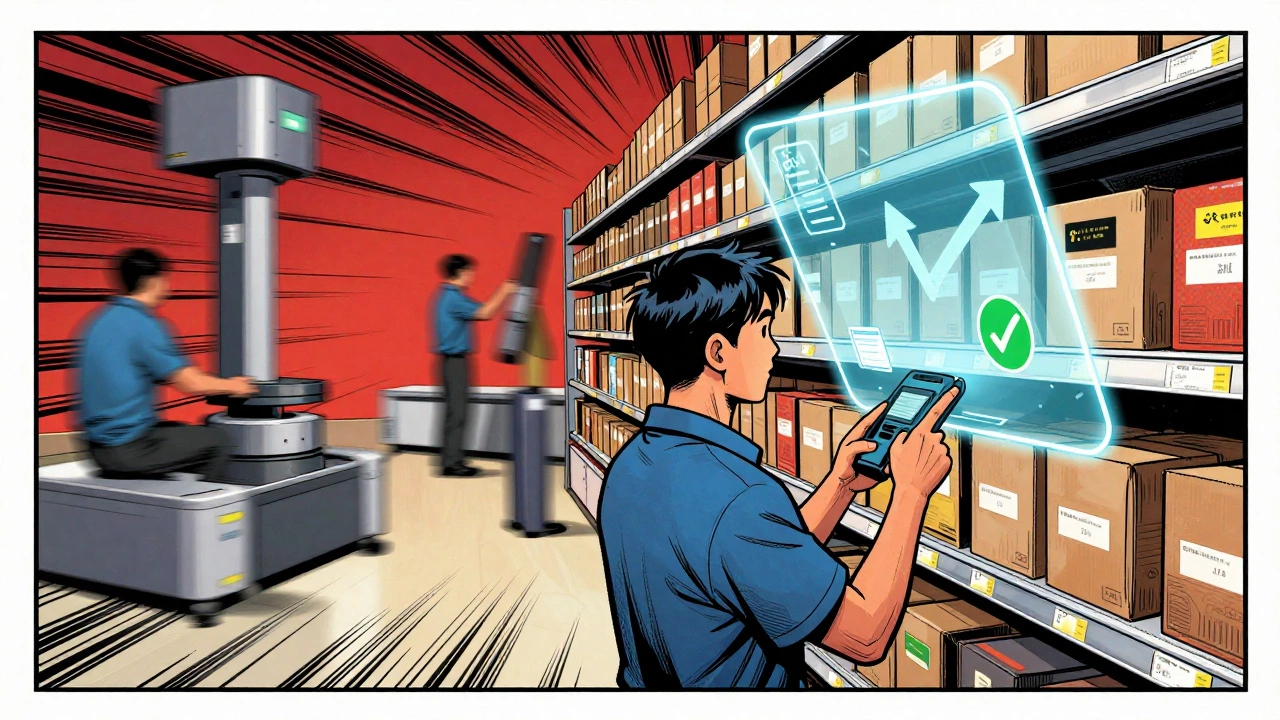 Worker using augmented reality glasses to locate items in a warehouse with digital guidance overlay.