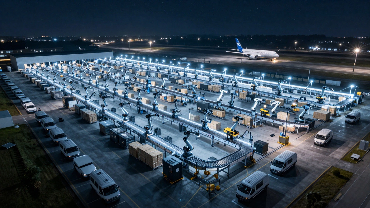 A massive Amazon fulfillment center at night with robots, conveyor belts, and cargo planes under glowing lights.