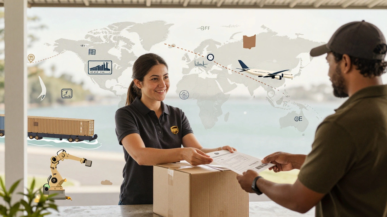 A small business owner receiving a package from UPS, with invisible global supply chain routes shown in overlay.