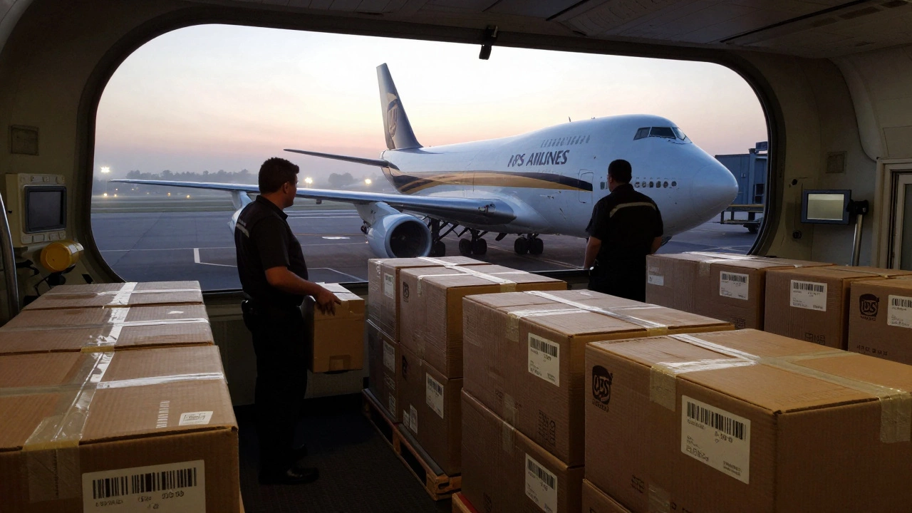 A UPS cargo plane being loaded with international freight at dawn, crew in uniform working nearby.