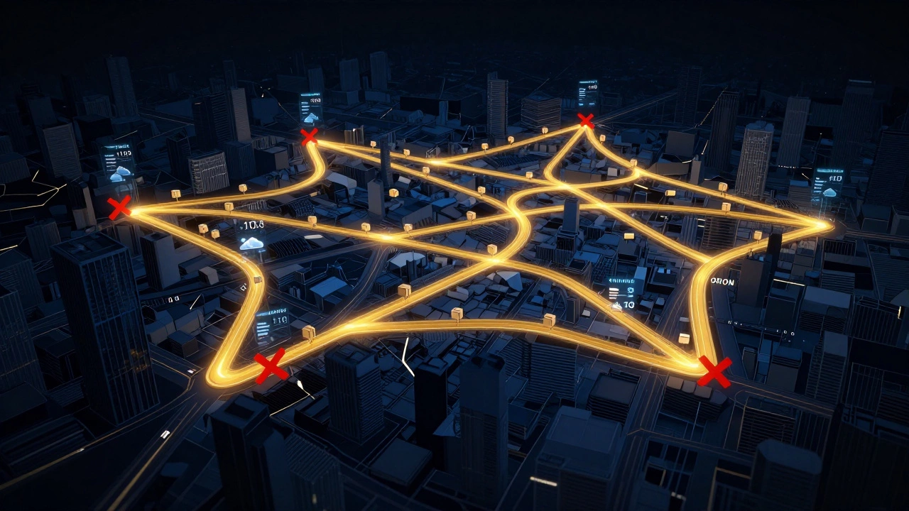Abstract network of optimized delivery routes avoiding left turns, with real-time data pulses across a city map.