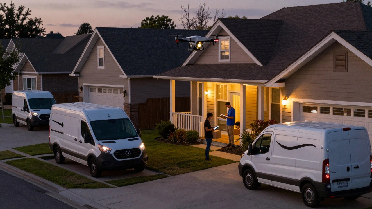 Amazon delivery vans and a drone dropping a package at a suburban home at dusk.