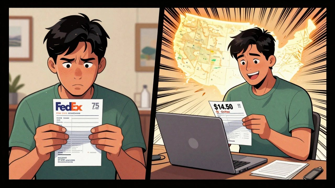 Comic-style comparison showing high-cost shipping vs. affordable regional delivery with label printing.