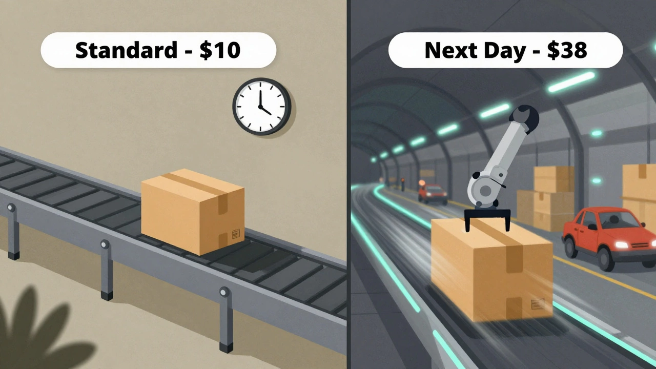 Comparison illustration showing slow standard delivery versus fast next-day shipping in New Zealand.