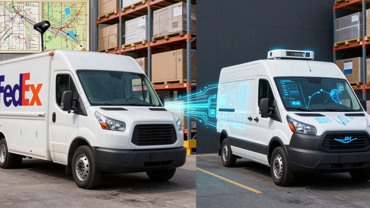 Comparison of traditional delivery truck vs. smart Amazon van with digital routing.