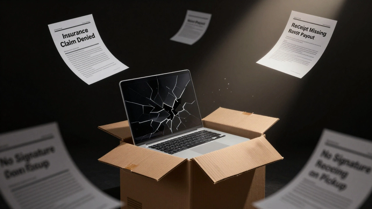 Cracked laptop in a damaged box surrounded by documents showing denied insurance and low payout.
