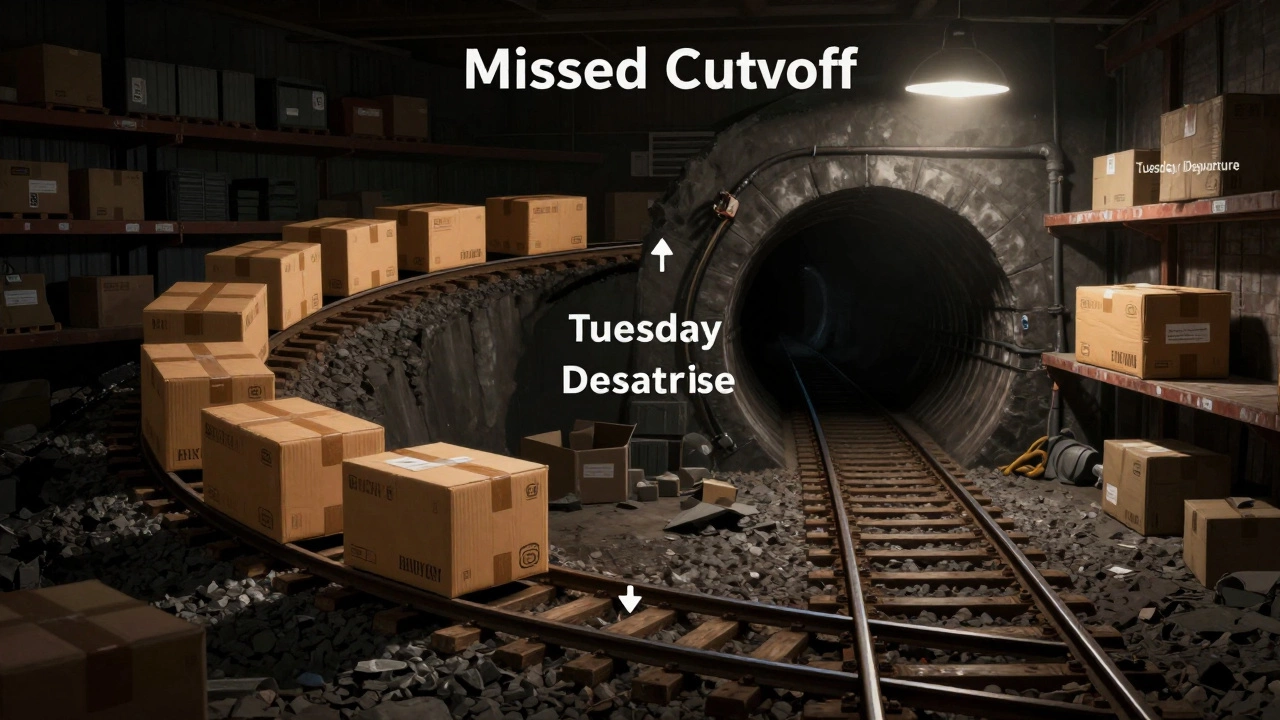 Delayed package on a shelf labeled 'Tuesday Departure' in a dim warehouse, with a train track diverging.