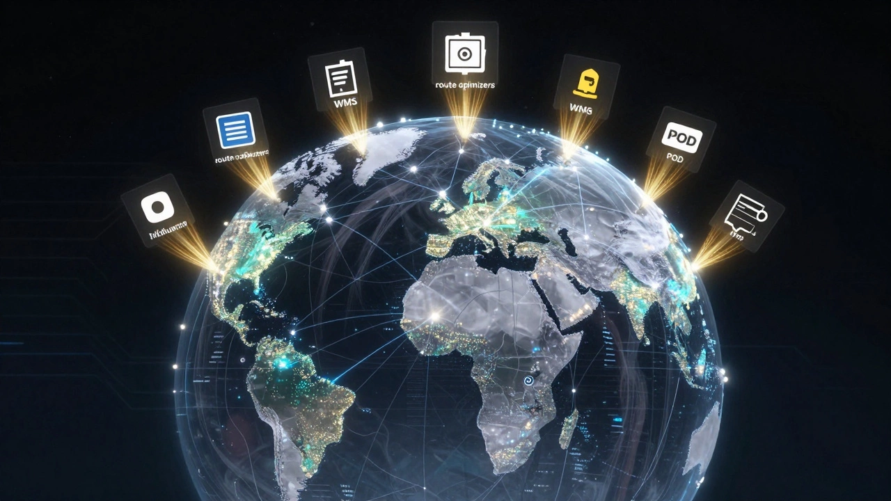 Global logistics network visualized as glowing data streams between cities, with software icons emitting profit waves.