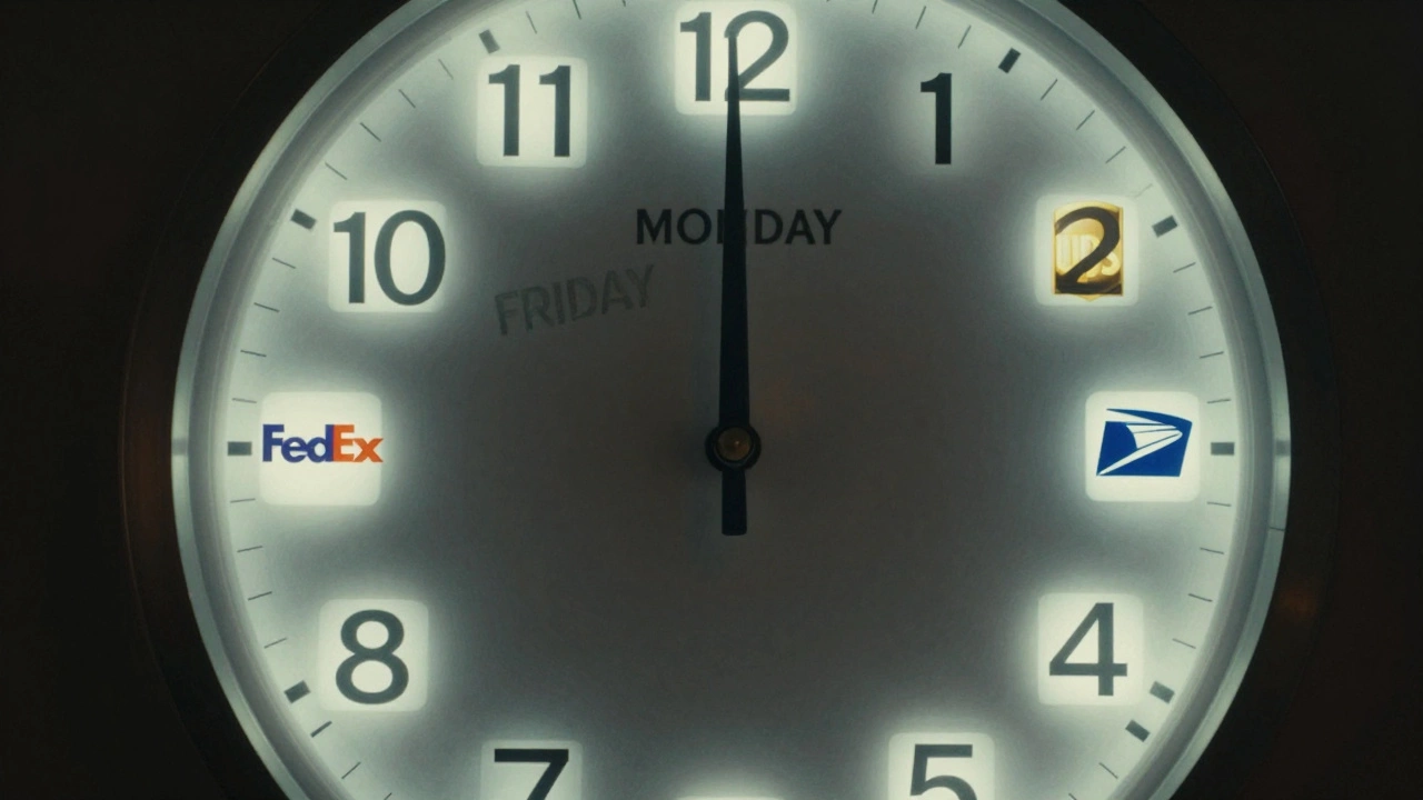 Glowing clock with carrier icons showing how business days affect express delivery schedules.
