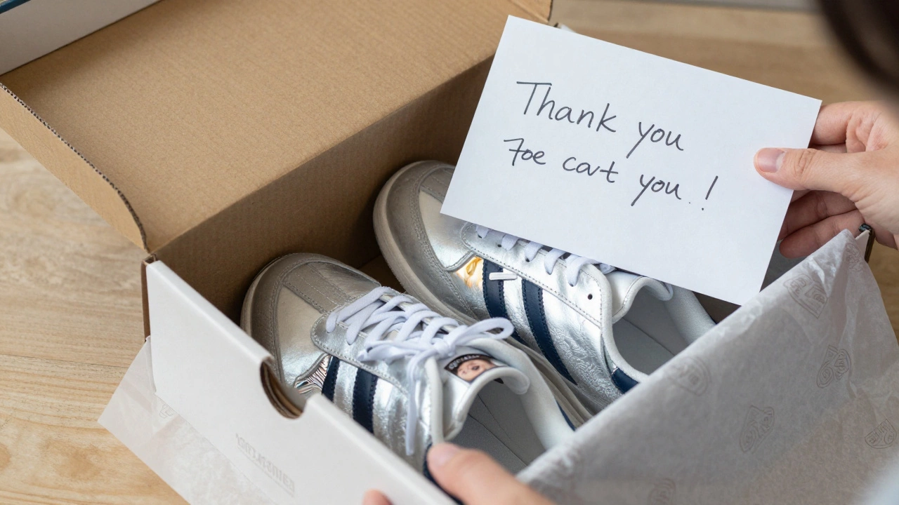 Hand opening a branded e-commerce package with sneakers and a thank-you note inside.