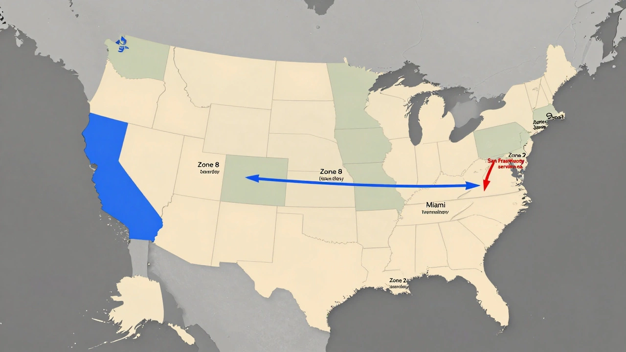 Map of the US showing delivery time zones from coast to coast with color-coded shipping durations.