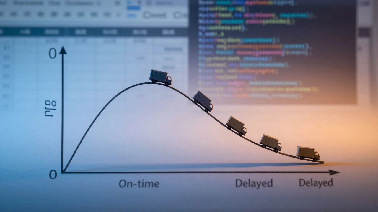 Sigmoid curve with delivery trucks showing probability of on-time vs delayed shipments