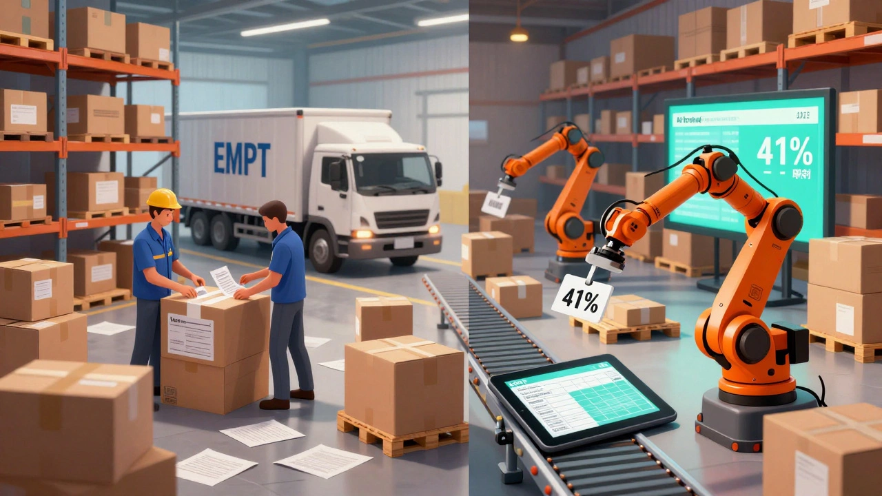 Split image: chaotic manual warehouse vs. automated smart warehouse with digital forecasts and robotic systems.