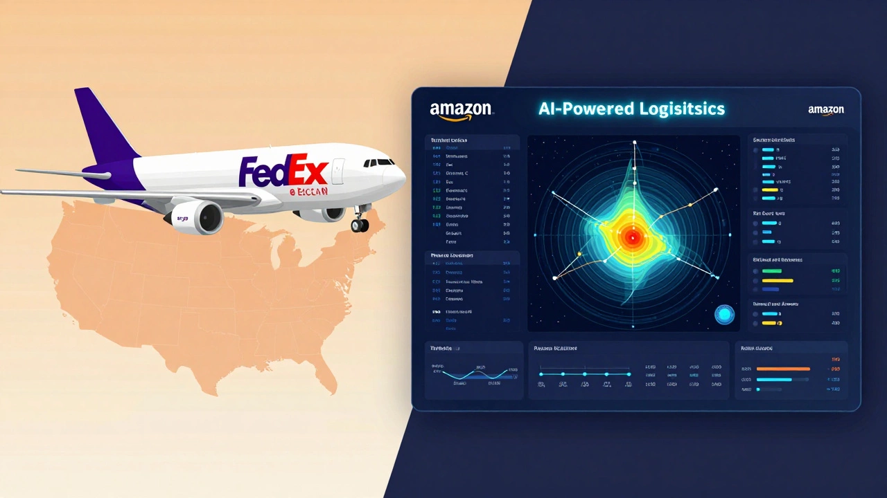 Split image: FedEx plane versus Amazon’s AI logistics dashboard, symbolizing traditional and modern delivery systems.