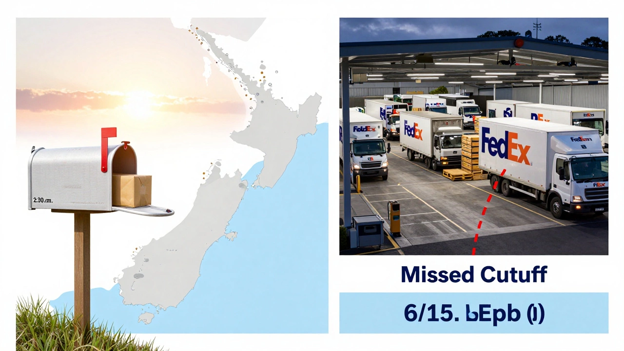 Split map showing rural mailbox at 2:30 p.m. and urban depot at 6:15 p.m. with missed cutoff line.