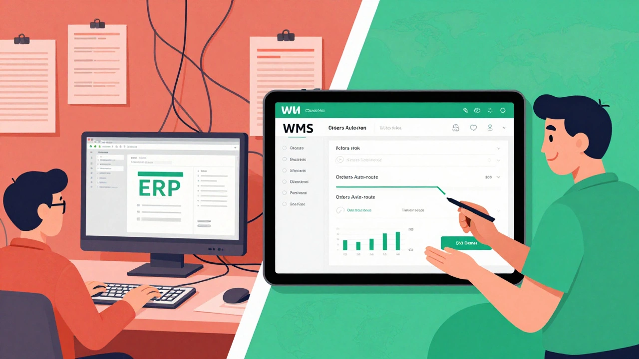 Split-screen contrast: outdated ERP chaos vs. cloud WMS efficiency with syncing inventory across locations.
