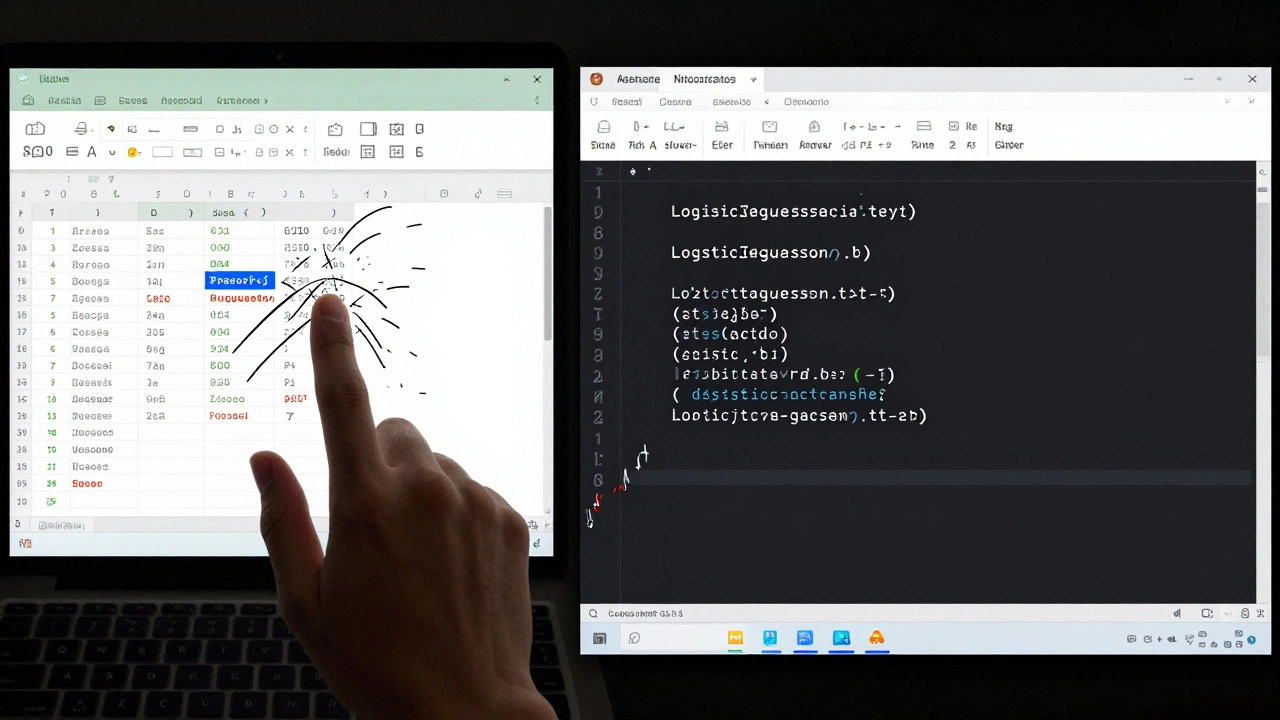 Split screen: messy Excel solver vs clean Python code running logistic regression