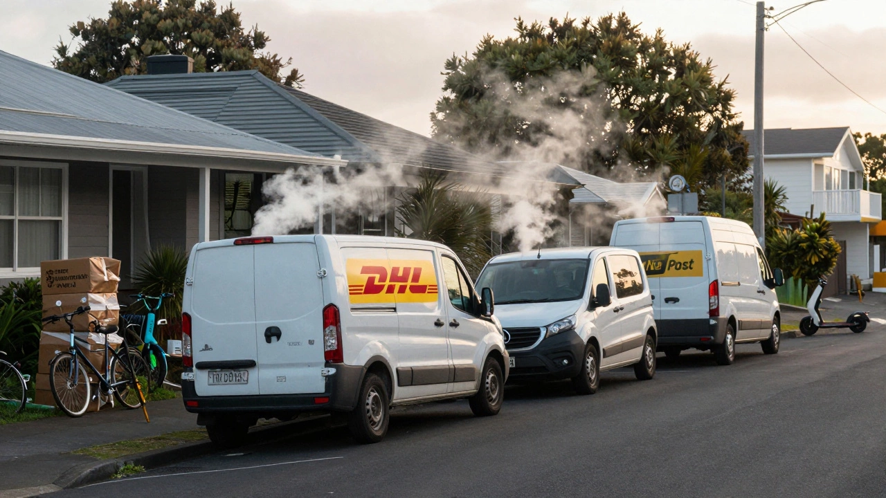 Three half-empty courier vans idling in a suburban street with exhaust fumes rising at dawn.