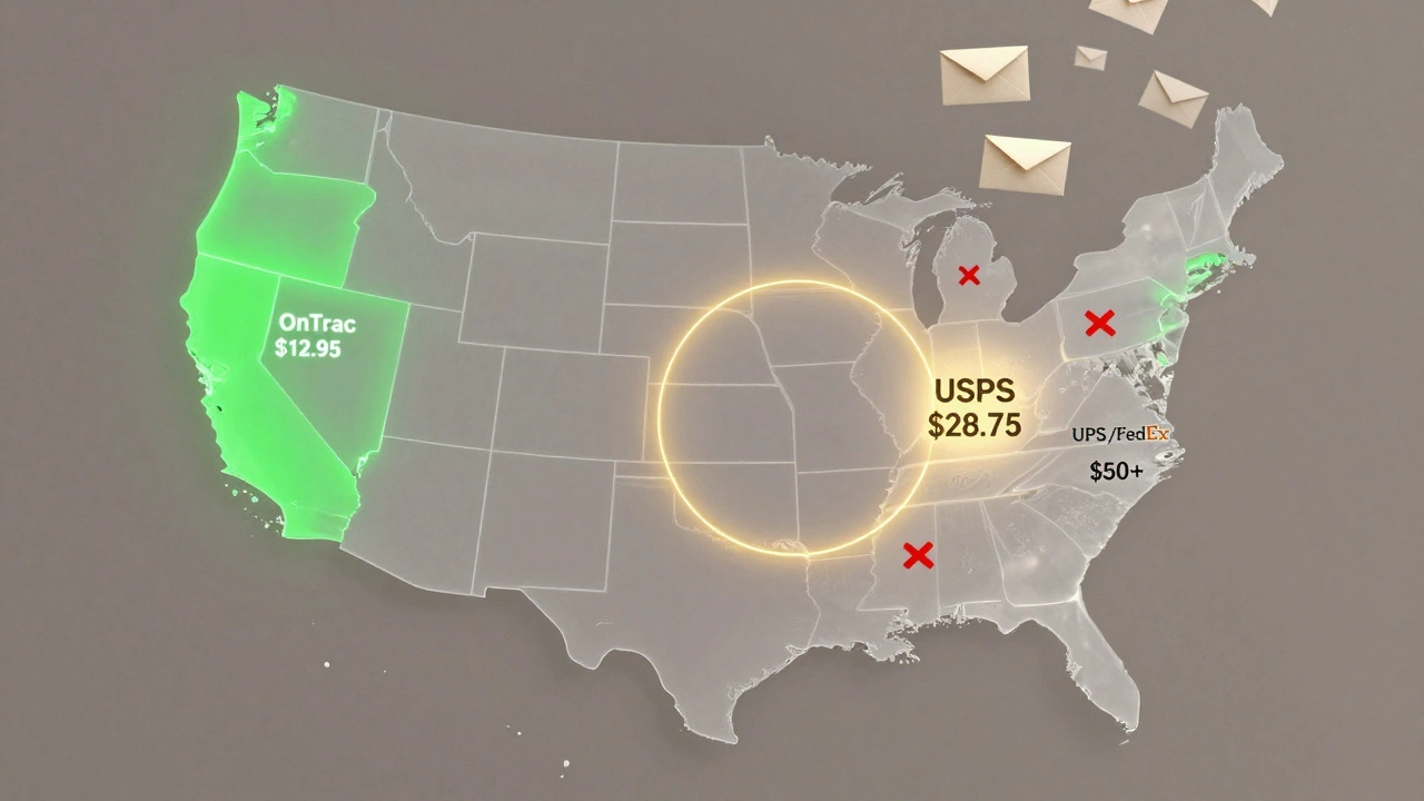 Transparent U.S. map highlighting cheapest next-day shipping zones with flat-rate envelopes.